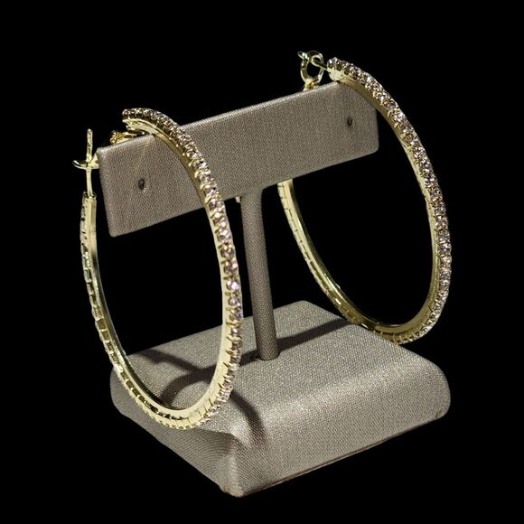 Bohemian Style Gold Plated Round Pave Rhinestone Oversized‎ Hoop Earrings 1.9in - Picture 13 of 16